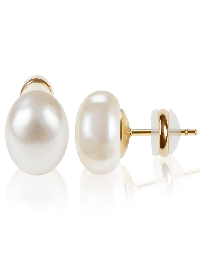 Sanglarst Pearl Stud Earrings 14K Plated Gold Sterling Silver Hypoallergenic Earring Stud Flat Round Large Size Simulated Pearl Earrings for Women (12mm) - Image 1